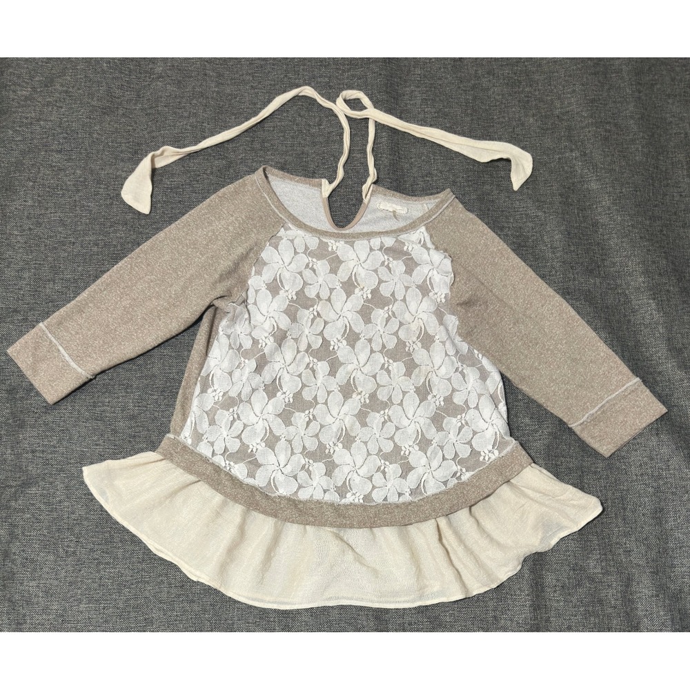 a'reve Women Large Top Tan Floral Lace Ruffle Hem Long Sleeve Halter Tie